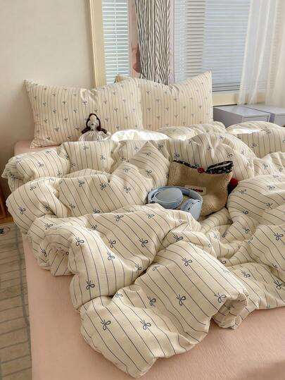 四件套甜美黑白条纹蝴蝶结床上用品套装，韩式风格，浪漫舒适，亲肤双层雪纺床品（1个被套+1个床单+2个枕套），卧室装饰，情人节/节日礼物，派对装饰，不含被芯和枕芯，枕套图案随机裁剪