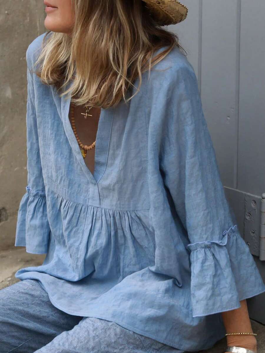 女士纯色梭织衬衫，适合夏季春季居家、度假及日常穿着。 - 霧霾藍 - 查看 1