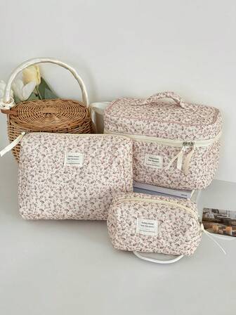 Mjukt tyg med sömmar i manchester med blommigt kontrasttryck och dragkedja, sminkväska med stor kapacitet, förvaringspåse för sminktillbehör, vacker damväska för hemmet, pendling