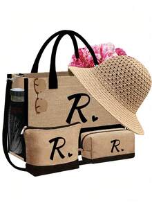 Bộ 4 túi đi biển, thiết kế in hình trái tim độc đáo với các chữ cái từ A đến Z. Mũ chống nắng khoét lỗ mùa xuân hè, mũ xô kiểu Bohemian và mũ len thoáng khí vành rộng kiểu ngư dân. - Nhiều màu - Xem 16