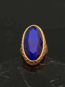 18K Gold Plated Cubic Zirconia Blue Stone 316 Stainless Steel Women's Ring, Elegant Minimalist Blue Gemstone Ring, High Quality Women's Gold Ring - Blue - View 3