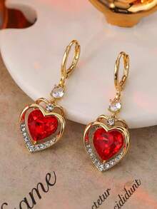 一对优雅别致甜美奢华高端玻璃镶嵌心形设计耳环，时尚百搭，适合女性日常通勤、节日、派对、情人节礼物 - 紅色 - 查看 6