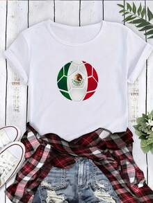 1 Blusa De Mujer Hermosa Para Mujer, Conjuntos De Ropa Para Mujer, Camiseta Blanca Y Negra 200G Con Bola De Fútbol, Bandera De México, Águila Estampada Real Mexicana, Estampado De Alta Calidad, Cuello Redondo Básico, Corte Holgado, Transpirable, Versátil, Lavable A Máquina, Tallas Cómodas S~2XL, Esencial Para El Verano, Deportivo Casual Diario - blanco - Ver 3