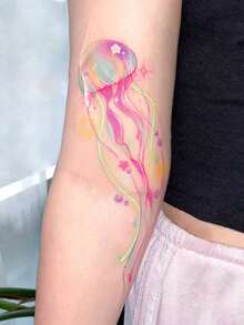 1-2pcs Temporary Valentine's Day Tattoo Sticker, Y2K Style, Colorful Jellyfish Design, Waterproof, Sweatproof, Washable, Non-Reflective, Suitable For Arm And Shoulder Tattoos, Suitable For Individuals, Lasts 3-5 Days. - Multicolor - View 3