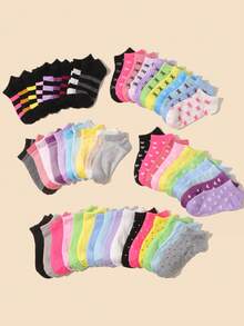 24双装女童夏季休闲日常短袜，图案多样，包括爱心、条纹、蝴蝶结和纯色，简约百搭，低帮设计，舒适透气柔软，适合返校、玩耍和运动。 - 彩色 - 查看 2
