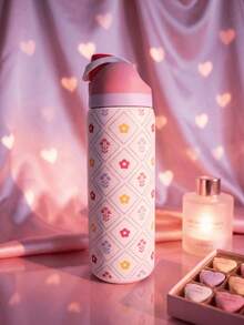 0waala Blossoms Vacuum Bottle,Multiple Tiny Floral Prints - 32oz Stainless Steel, One-Hand Flip Cap,Ins Minimalist Style - Warm/Cold Retention, Perfect For Camping/School/Sports/ & Christmas/Valentine's Day Festival Gifting - 紅白色 - 查看 2