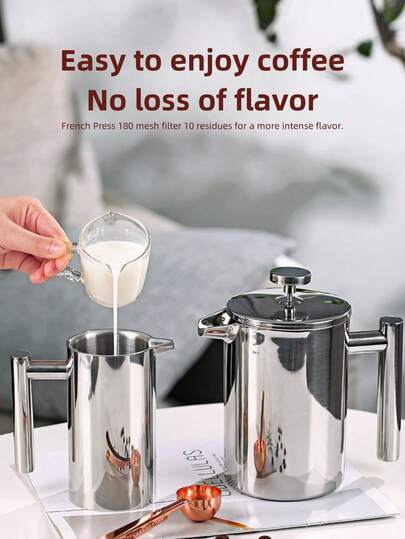 1pc 304 Stainless Steel French Press Coffee Maker, Double-Wall Hand Drip Coffee Pot, Teapot, French Press Coffee Set, Household & Outdoor Coffee Tool, Suitable For Home, Office, Camping, Travel, And Afternoon Tea