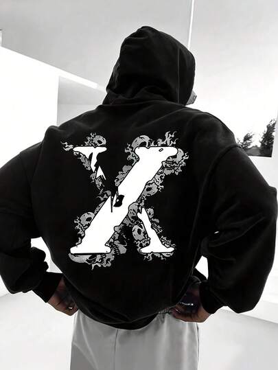 Men's Autumn Winter Letter Print -Lined Hooded Sweatshirt, Versatile Casual Loose Fit Hoodie