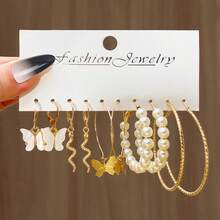 Set de 10 piezas de aretes de moda con tono dorado asimétrico, adecuado para uso diario - Amarillo Oro - Ver 17