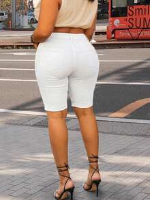 Plus Size White Denim Bermuda Shorts With Zipper And Medium Stretch For Comfortable Casual Wear Summer - White - View 4