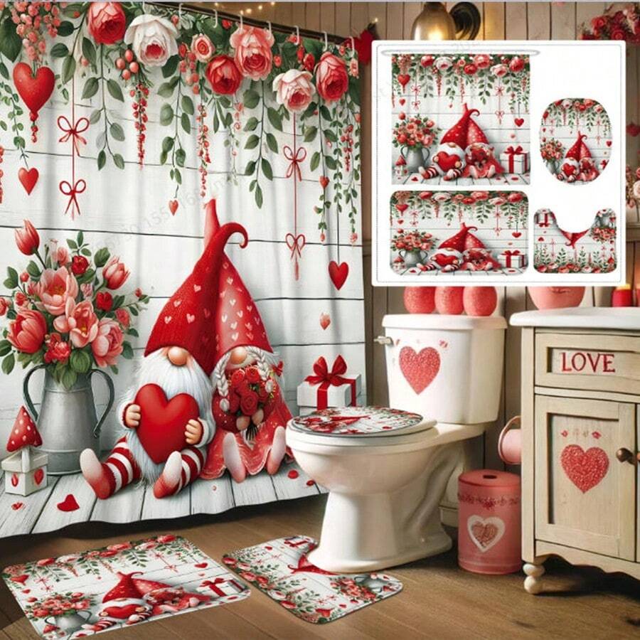 1/4 Piezas Conjunto de decoración del Día de San Valentín, con figuritas de gnomos en pareja con corazón, rosa y patrones florales. Esta adorable y romántica cortina de ducha roja y rosa es lavable, perfecta para la decoración del baño. Incluye 12 ganchos y una alfombra de baño antideslizante, así como una tapa de inodoro en forma de U, convirtiéndolo en un excelente regalo para los seres queridos.
