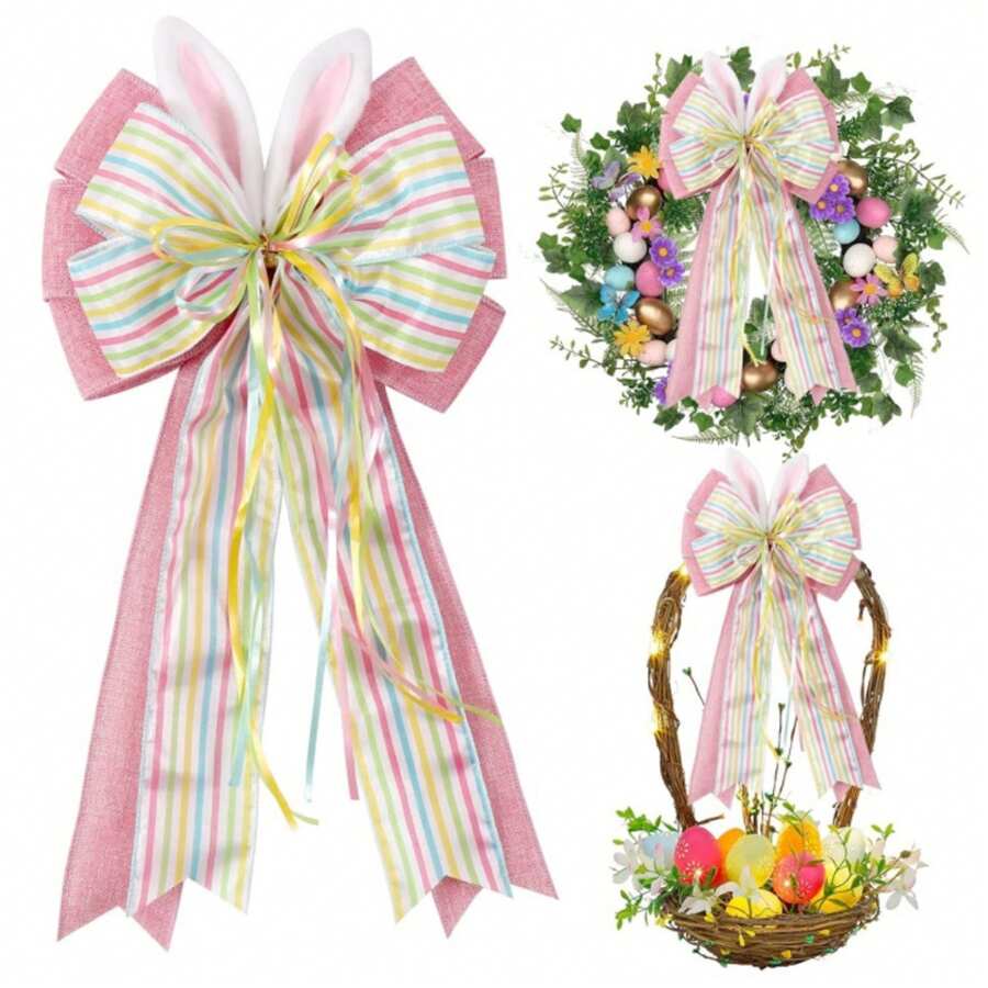 Easter Large Wreath Bows Burlap Wired Ribbbon Bow With Bunny Ears Easter Tree Topper Ornament For Spring Home Holiday Party Outdoor - Pink - View 1
