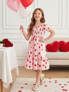 Girls' Sweet Heart Pattern Puff Sleeve & Ruffle Hem Decorated Princess Dress, Summer Beach Holiday Party Outfit - Multicolor - View 6