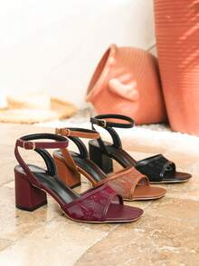 时尚百搭的女士酒红色高跟凉鞋，新款春夏蕾丝网面优雅蝴蝶结方头粗跟凉鞋，舒适户外、休闲、派对、度假、通勤一脚蹬凉鞋 - 酒紅色 - 查看 11