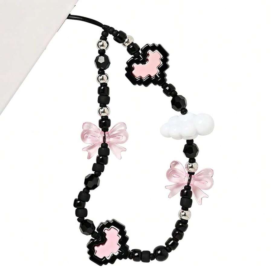 Beaded Phone Charm Y2K Kawaii Handmade Acrylic Phone Lanyard Wrist Strap For Camera Bag  Keychain Charm Pink Black Heart And Bow - 27-粉紅黑心蝴蝶結 - 查看 1