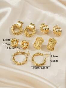 5 Pairs Vintage Twisted Rope, Minimalist Asymmetrical Metal Crinkle Geometric Niche Design French Delicate Hollow Stereo Chic Earrings Set, Suitable For Women's Daily And Festival Wear - Gold - View 8