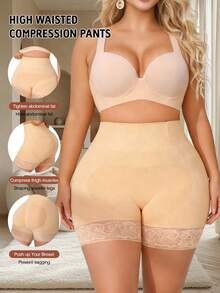 1pc Plus Size Shapewear Bottom, High Waist Tummy Control Slimming Pants With Boned Hem And Lace Body Shaping - Apricot - View 2