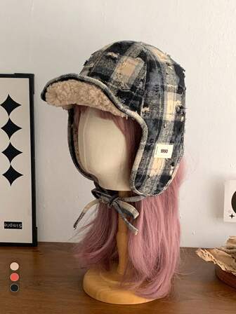 Vintage sliten fleecefodrad trapphatt, rutig varm öronlappspilothatt, vindtät öronskyddande hatt för utomhusbruk, retro destroyed design, lämplig för höst/vinter
