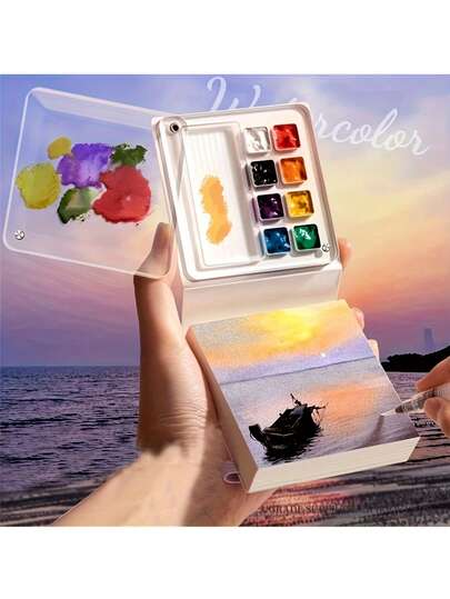 1本便携式水彩速写本，带调色盘，适合旅行携带，内含50张纸，配有可拆卸调色盘盒和中等重量纹理纸，适合旅行和户外艺术创作（不含颜料），户外绘画装备 | 艺术速写本 | 封面，水彩画用品，返校必备