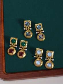 1 对时尚复古合金彩色金属耳环，百搭日常佩戴礼物 - 彩色 - 查看 2