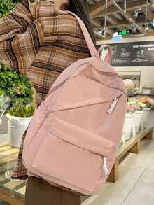 1pc Large Capacity Nylon Student Backpack, Minimalist Solid Color Bag, Suitable For College Students, Girl, Girls Travel Or Shoulder Bag - Pink - View 3