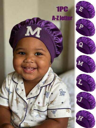 1Pc Children's Hat A-Z Letters Elastic Wide-Brim Silky Satin Bonnet - Secure-Fit Sleep Cap For Hair Protection, Ultra-Soft Breathable Design With Non-Slip Inner Band
