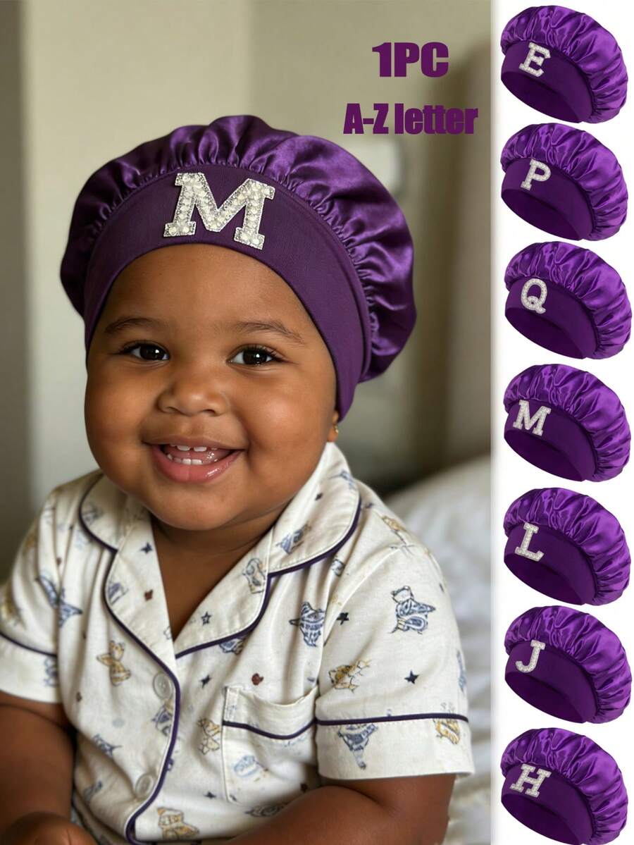 儿童A-Z字母图案弹性宽檐丝滑缎面睡帽 - 安全贴合，保护头发，超柔软透气设计，带防滑内圈 - 紫色 - 查看 1