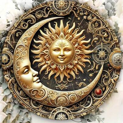 1 件复古日月图案贴纸，适用于餐厅、酒吧、咖啡馆墙面装饰、卧室装饰，经久耐用，2D 平面设计，预留孔位（尺寸见图）。