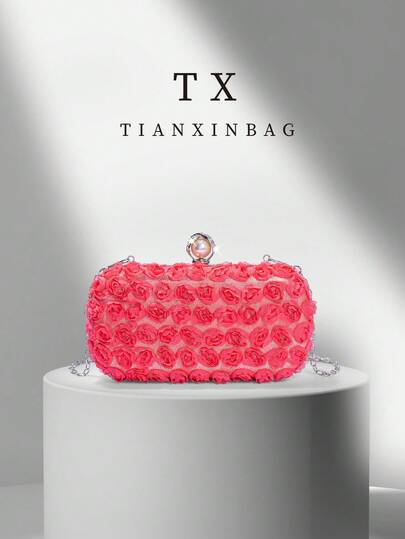 女士优雅玫瑰花卉装饰晚宴手拿包，花卉荷叶边晚宴手拿包派对包手提包斜挎包 - 时尚雪纺花瓣手提包，配有可拆卸链条肩带，适合新娘、婚礼、约会、舞会、节日庆典、姐妹会正式活动、毕业派对、春季晚宴、鸡尾酒会和特殊场合（图案随机）