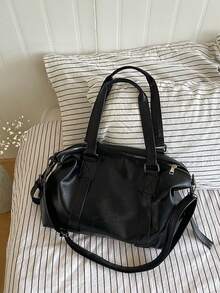 Dedoo 复古皮革斜挎包，大容量单肩包，纯色手提包（请置于通风处1-3天以散去材质气味） - 黑色 - 查看 7