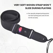高级吉他背带 - 黑色（不含拨片），带便捷拨片袋，材质柔软，长度可调节，皮革包边，适用于贝斯、电吉他、电贝斯和原声吉他，是演奏和练习的理想音乐配件 - 适合音乐家、专业吉他手、吉他爱好者、小型工具、吉他相关用品、吉他配件、音乐配件、音乐礼品 - 彩色 - 查看 3