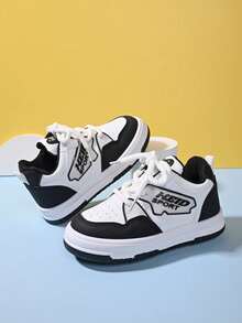 "Toddler Kids Sport Sneakers – Classic Black & White Design, Breathable Perforated Upper, Chunky Rope Laces, Non-Slip Thick Sole Casual Daily Footwear" - Black and White - View 5