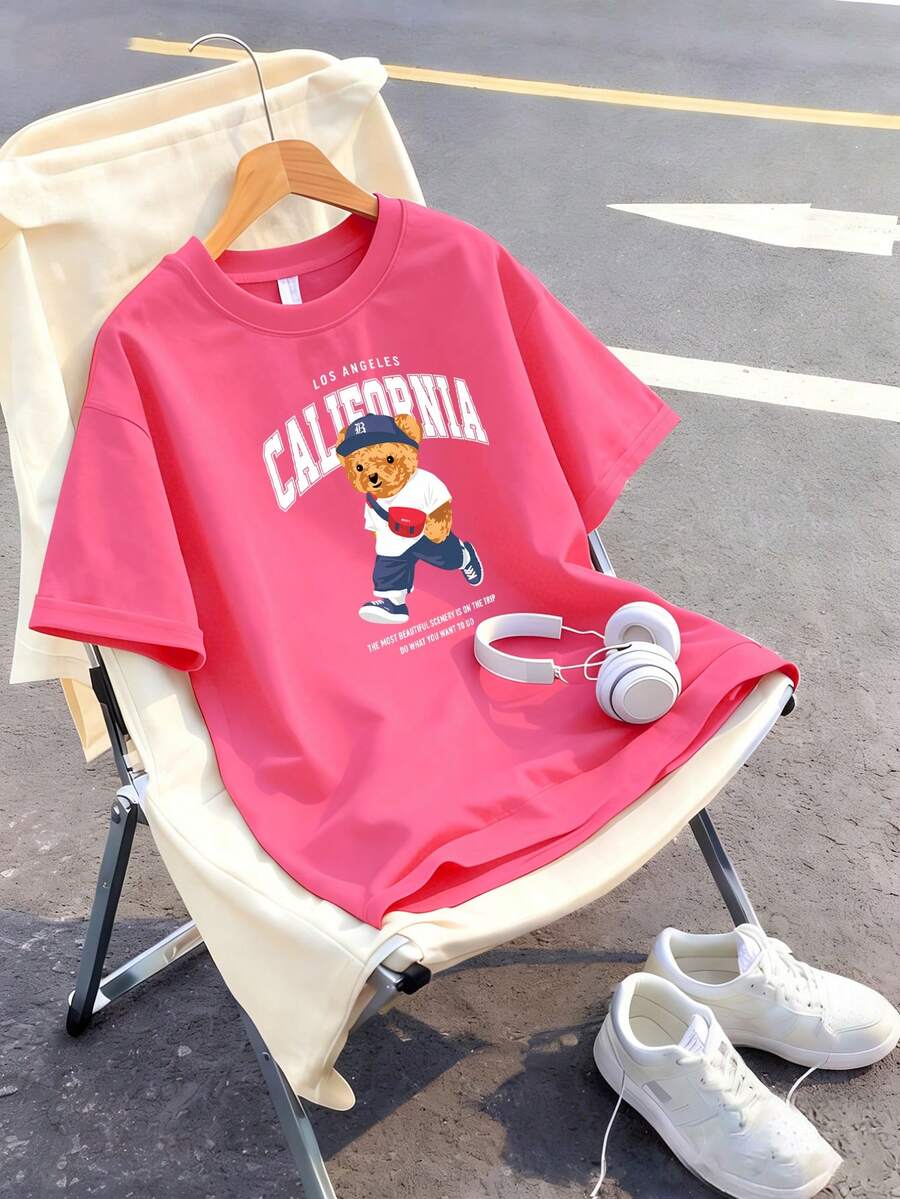 This Girls' Short-Sleeved T-Shirt Features A Unique Bear Print And A Soft Crew Neck Design; It's A Casual Fuchsia T-Shirt - Hot Pink - View 1