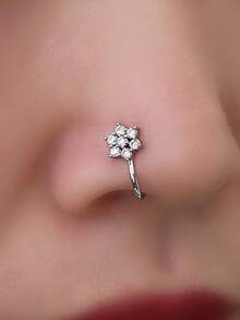 Nooxian 1 pieza Anillo de nariz con flor de circonita micro-incrustada, Pendiente/Clip de nariz de circonita con diseño de rama personalizado para mujeres - Plateado - Ver 7