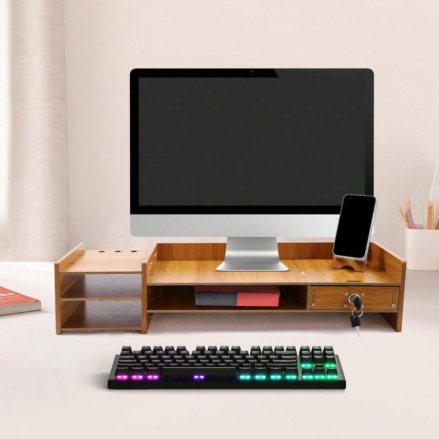 Soporte elevador para monitor de bambú, soporte para monitor exquisito con cajón, soporte para monitor de madera ergonómico con altura ajustable, estantería para computadora con cajón con cerradura - por defecto - Ver 1
