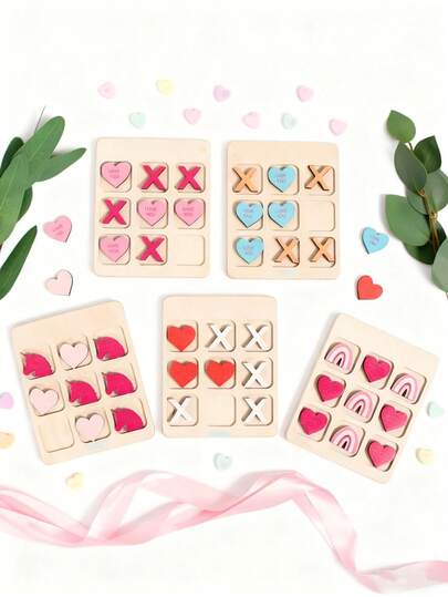 1 Pc Valentine's Day Tic-Tac-Toe Set, Decorative Plaque And Ornament, Wooden Valentine's Day Tic-Tac-Toe Set, Suitable For Home, Bedroom, Party Games, Valentine's Day Party Gift, Holiday Party, Valentine's Day.