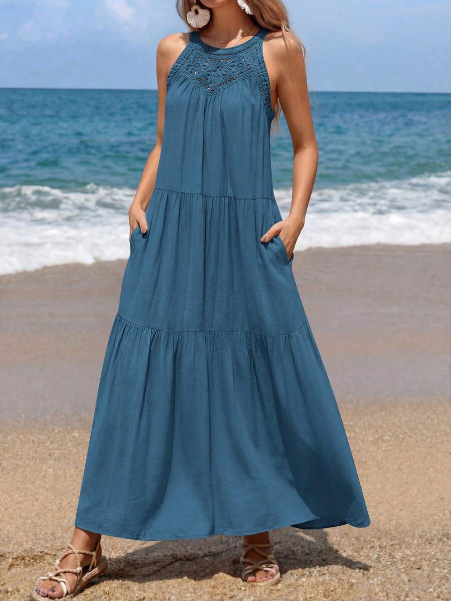 Women Summer Sleeveless Loose Dress Casual Hollow Out Halter Sleeveless Boho Long Sundress Spring Beach Holiday Vacation Valentine Long Maxi Dress