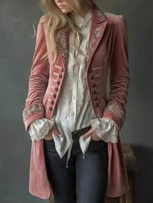 Chaqueta de terciopelo con ribetes contrastantes, manga larga, de color sólido, estilo europeo y americano, para otoño e invierno - rosa - Ver 4