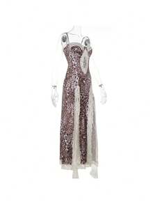 Women's 2026 Summer New Leopard Print Lace Slip Dress High Split Sexy - Họa tiết da báo - Xem 6