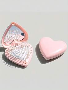 1个粉色心形便携式折叠化妆镜，带软垫和梳子 - 无需电池，卡通设计，情人节或生日的可爱礼物，适合居家和户外使用，小巧的个人美容工具，塑料材质 - 彩色 - 查看 2