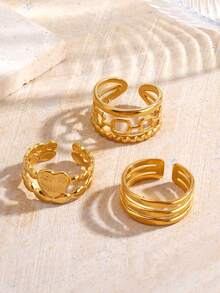 3pcs/Set Stainless Steel 18K Gold Plated Personalized Geometric Heart Line Rings Set, Suitable For Women Daily Wear & Party - Multicolor - View 5