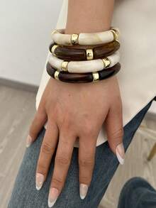 4pcs/Set Vintage Minimalist Elegant Resin Acrylic Brown Elastic Bracelet Set For Women, Suitable For Daily, Party, Valentine's Day, Dating, Holiday Gift, Stackable, 2026 New Arrival - Multicolor - View 3