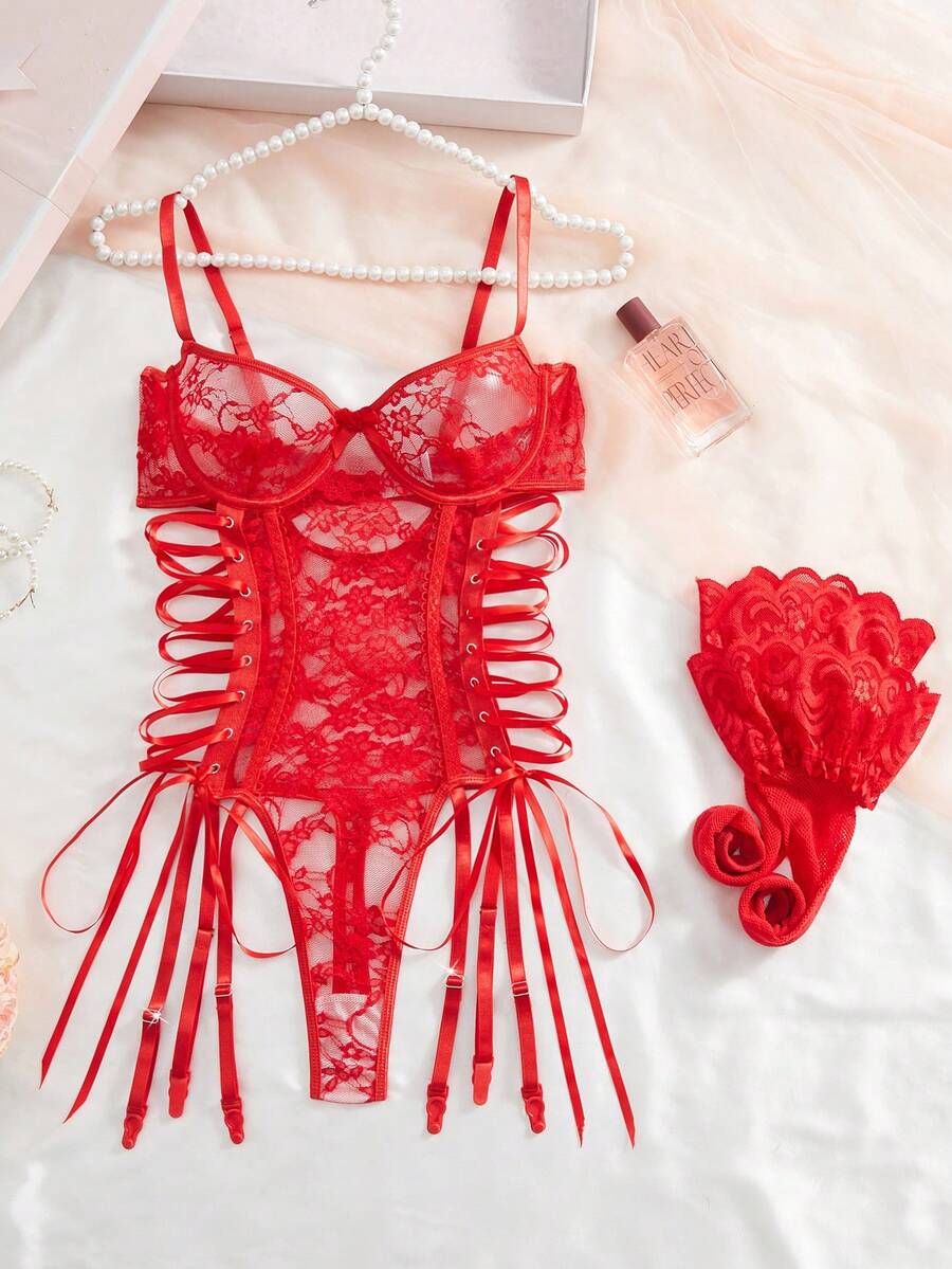 Bộ jumpsuit nữ gợi cảm màu đỏ xuyên thấu ren, lưng chéo, có gọng nâng ngực, điều chỉnh được. - Đỏ - Xem 1