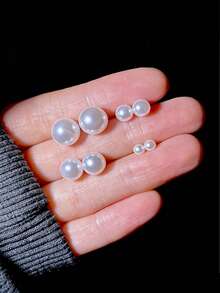 1对优雅圆形珍珠耳钉，简约百搭珍珠耳环 - 米色 - 查看 4