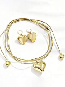 3 Pcs Heart-Shaped Pendant Leather Cord Layered Necklace, High-End Clavicle Chain, Bow Necklace And Earring Set, Suitable For Both Formal Occasions And Everyday Wear. - Multicolor - View 4