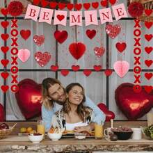 Valentines Day Decorations Hanging Kit 25Pcs Red Valentine's Day Decor Hanging Heart Swirls BE Mine Love Heart XO Garlands Banner Heart Honeycomb For Home Office Valentines Wedding Galentines Party - 紅色 - 查看 4