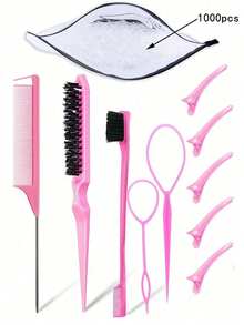 11-Piece Hair Tool Set Including 2 French Braiding Tools, 1 Rat Tail Comb, 1 Detangling Brush, 1 Pair Of Hair Clips, 5 Alligator Clips,And 1 Pack Of 1000 Elastics(Diameter 1.22cm/0.48in)(1 Pack Of 1000 Elastics Can Be Purchased Separately) - Multicolor - View 11