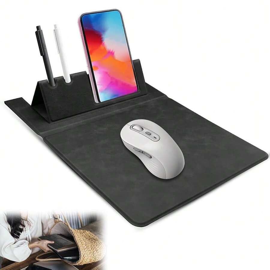Leather Laptop Pad With Phone & Pen Holder, Foldable Travel Pad For Home/Schoolsss/Office (Black) - Đen - Xem 1