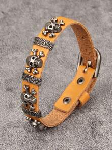 1pc Punk Rock Style Skull Alloy Bracelet, Personalized Gothic Clasp Wristband, Couples Everyday Wear, Party Leather Bracelet