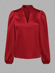 Blusa de satén con cuello en V y mangas abullonadas, corte regular, nuevo estilo para primavera/otoño - Rojo - Ver 3